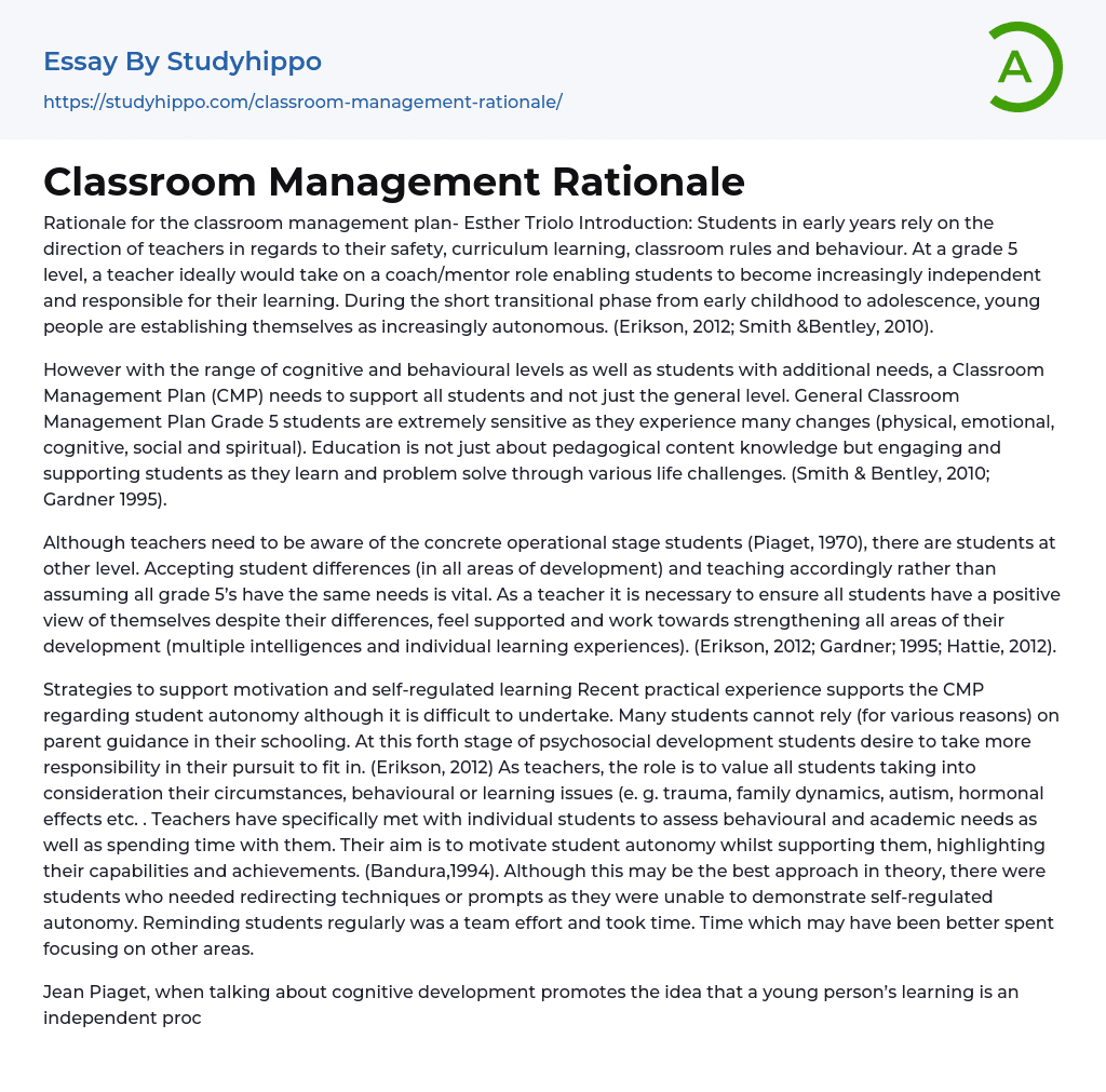 Classroom Management Rationale Essay Example