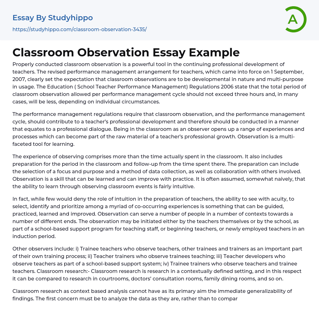 Classroom Observation Essay Example