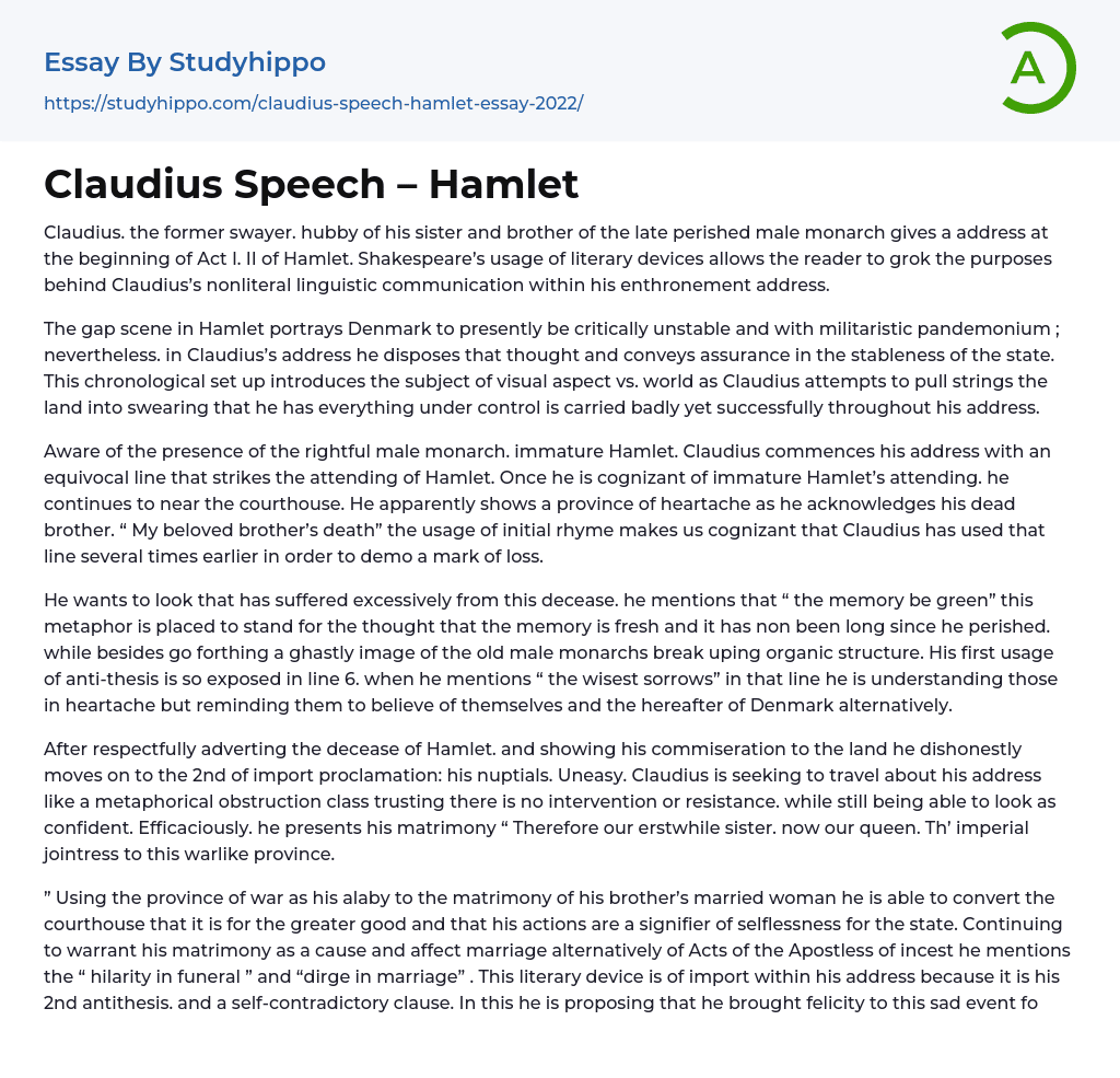Claudius Speech – Hamlet Essay Example
