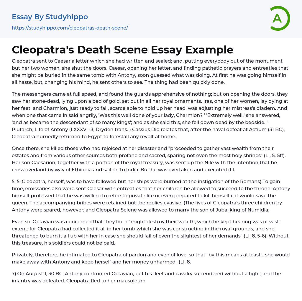 Cleopatra’s Death Scene Essay Example