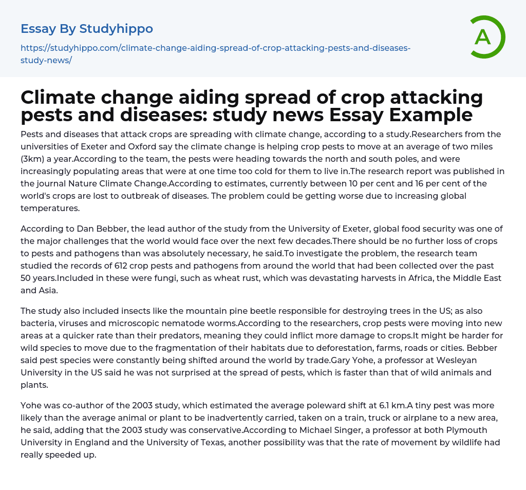 Climate change aiding spread of crop attacking pests and diseases: study news Essay Example