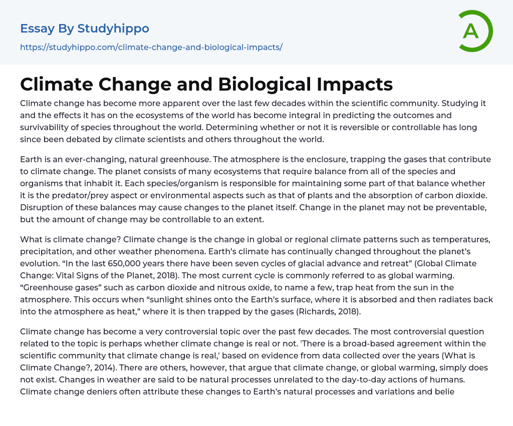 Climate Change and Biological Impacts Essay Example