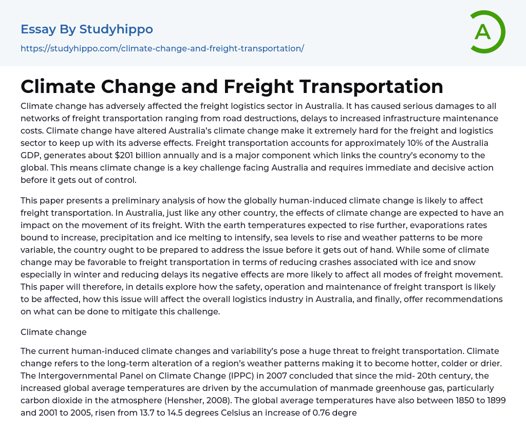 Climate Change and Freight Transportation Essay Example