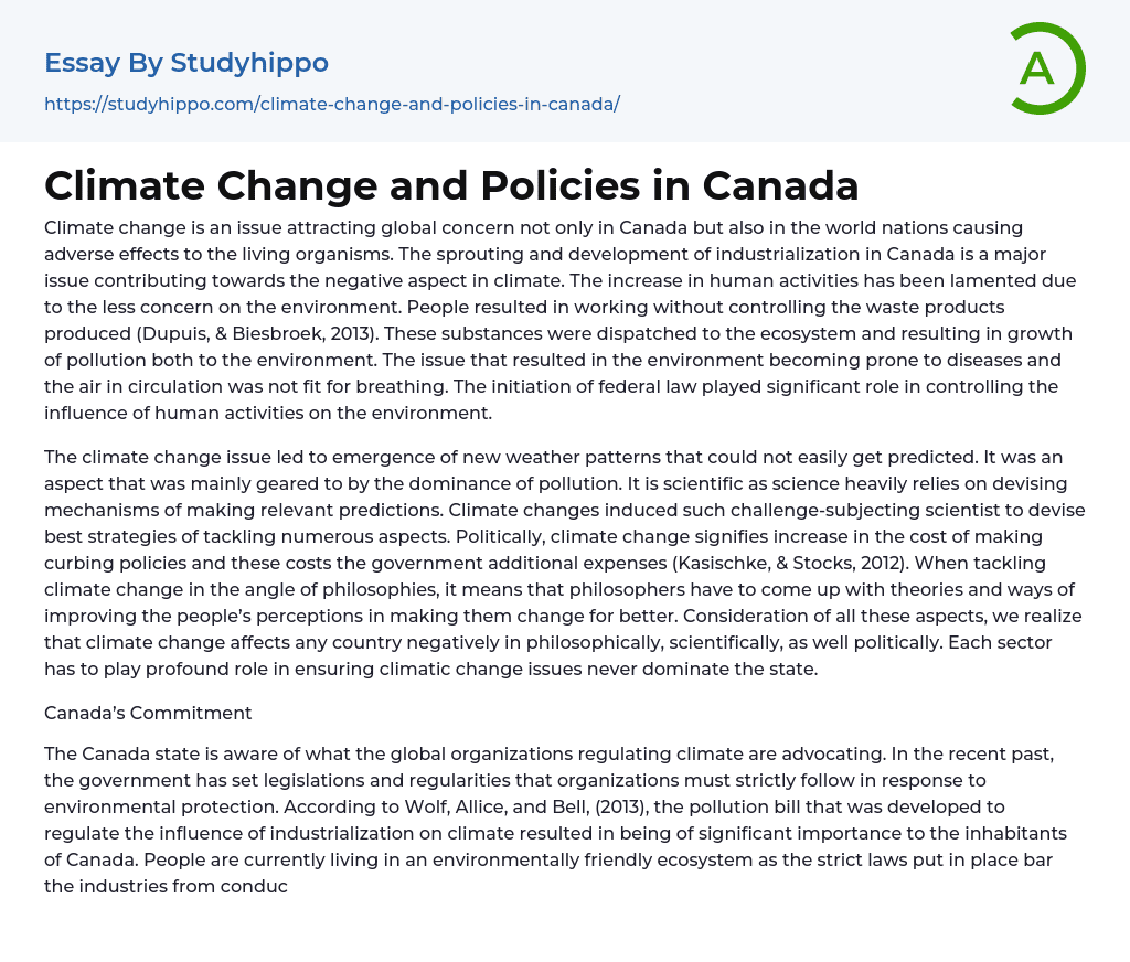 Climate Change and Policies in Canada Essay Example