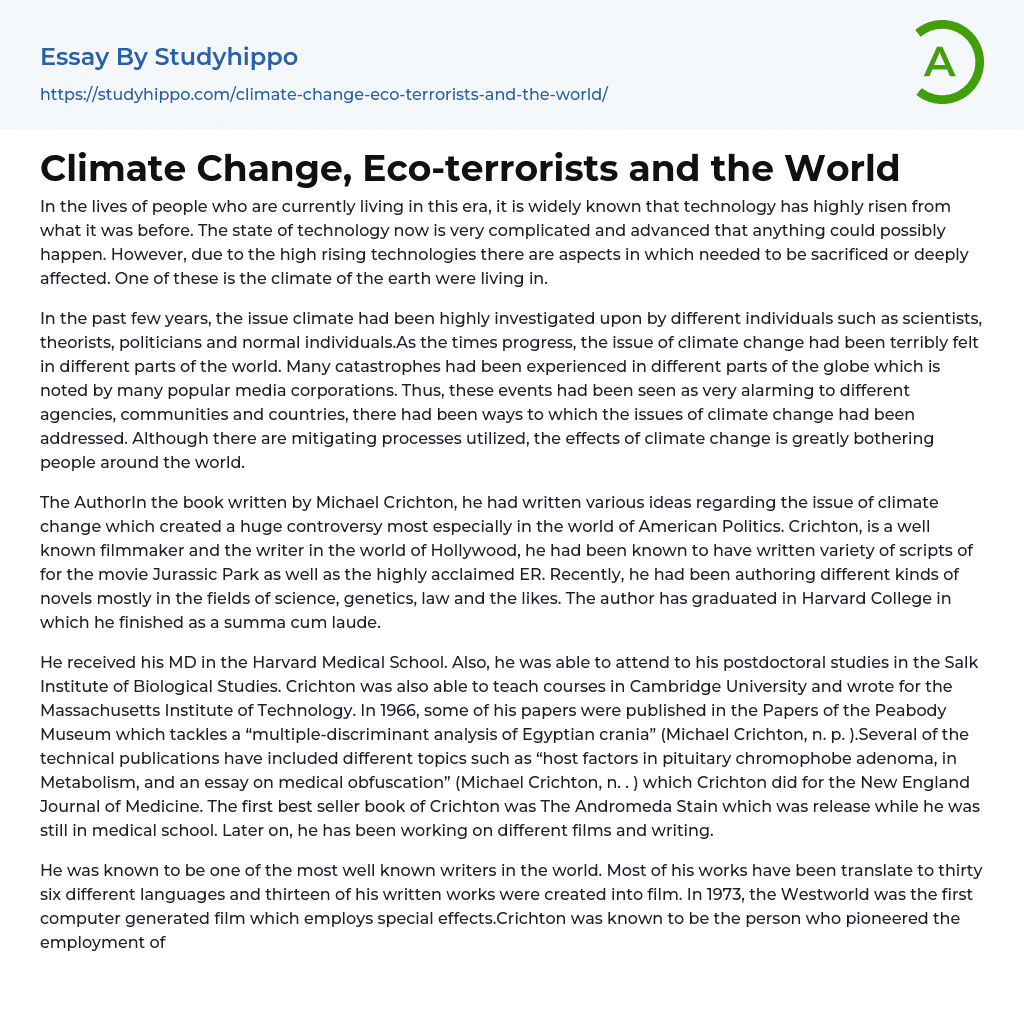 Climate Change, Eco-terrorists and the World Essay Example