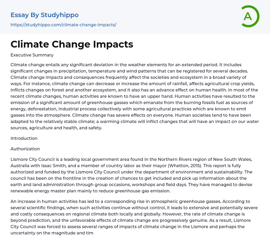 Climate Change Impacts Essay Example