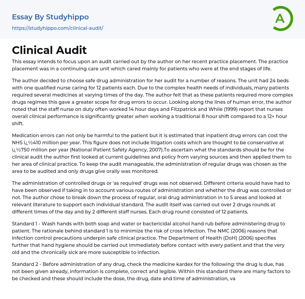Clinical Audit Essay Example