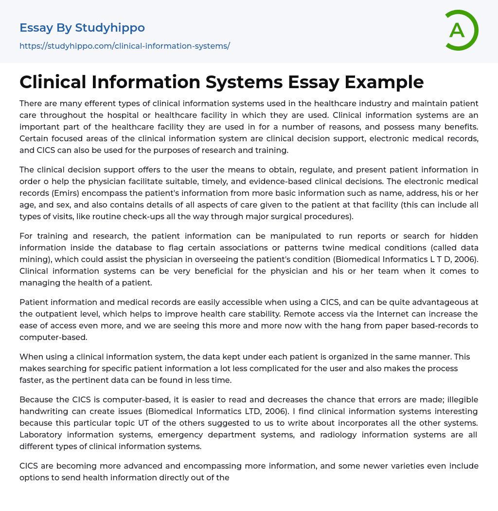 Clinical Information Systems Essay Example
