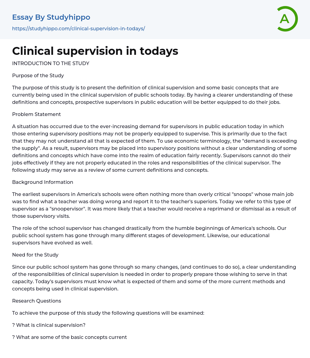 Clinical supervision in todays Essay Example
