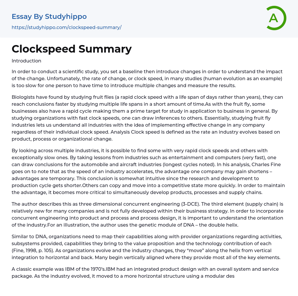 Clockspeed Summary Essay Example