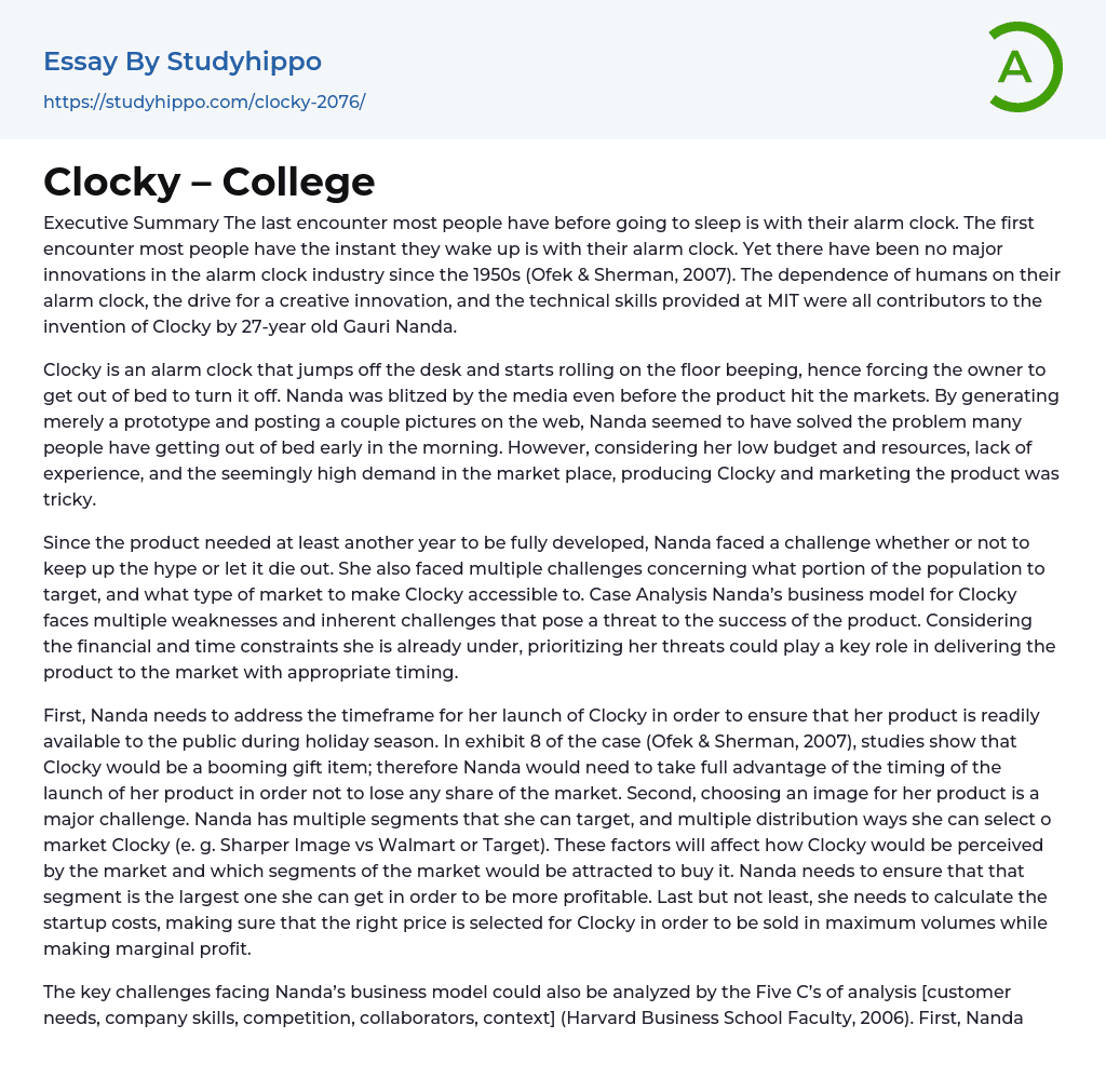 Clocky – College Essay Example