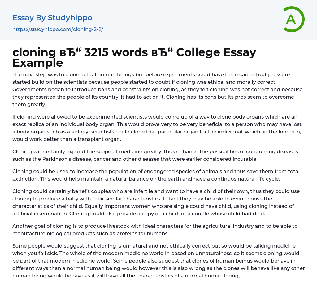 cloning 3215 words College Essay Example