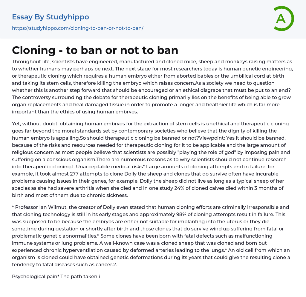Cloning – to ban or not to ban Essay Example