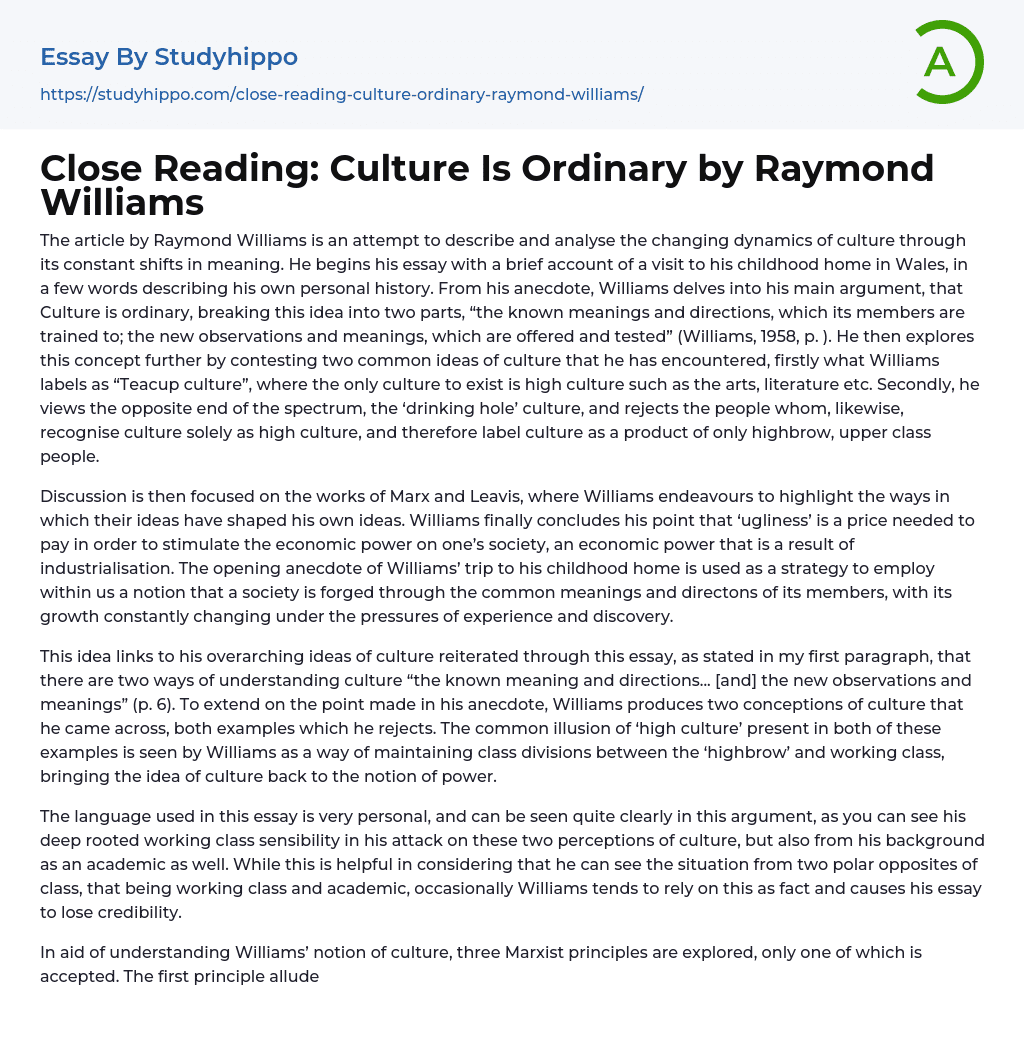 Close Reading: Culture Is Ordinary by Raymond Williams Essay Example