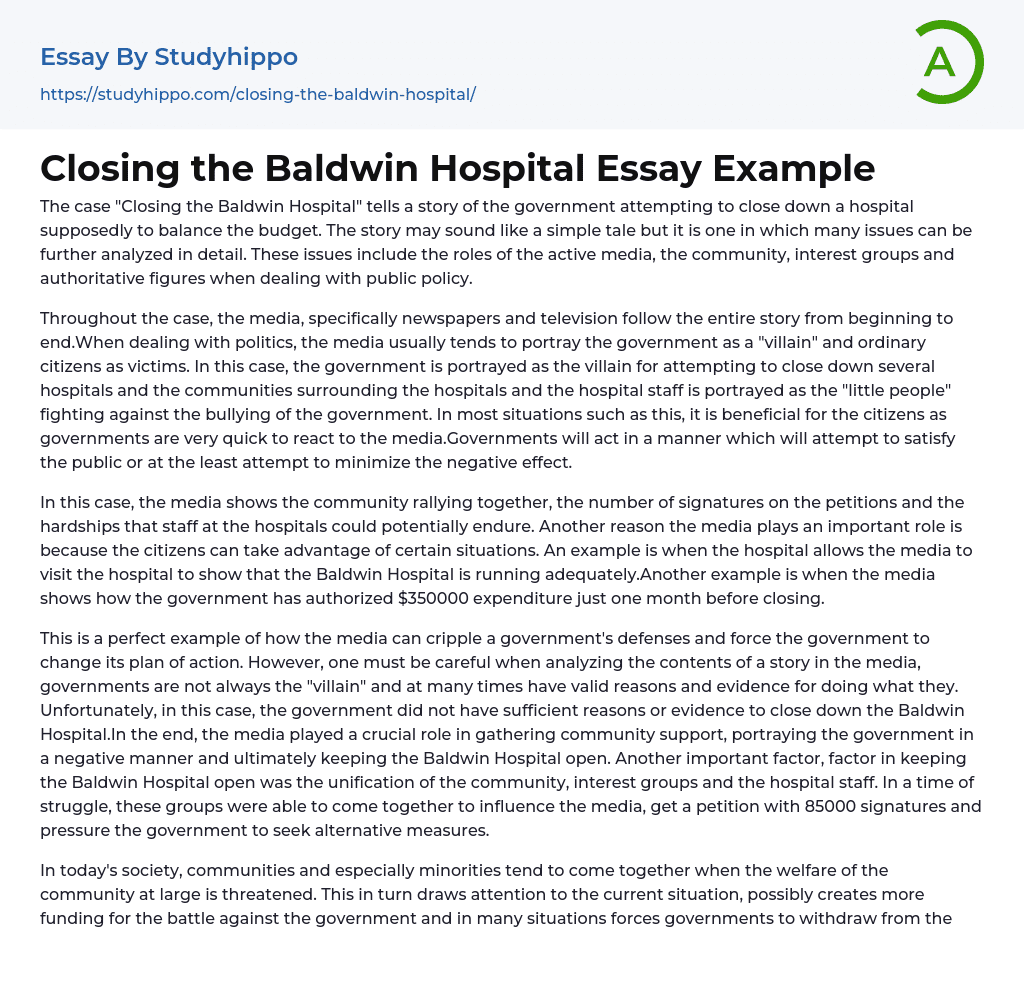 Closing the Baldwin Hospital Essay Example