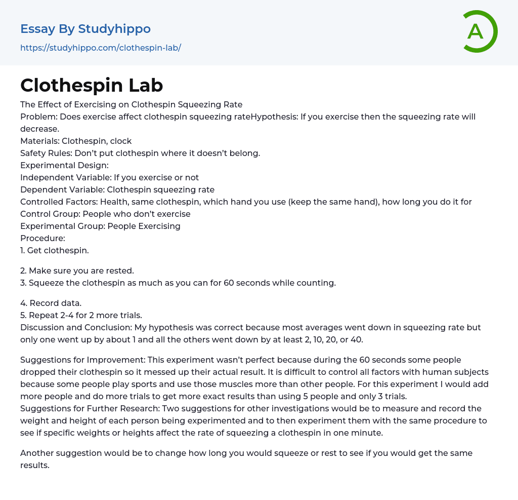 Clothespin Lab Essay Example