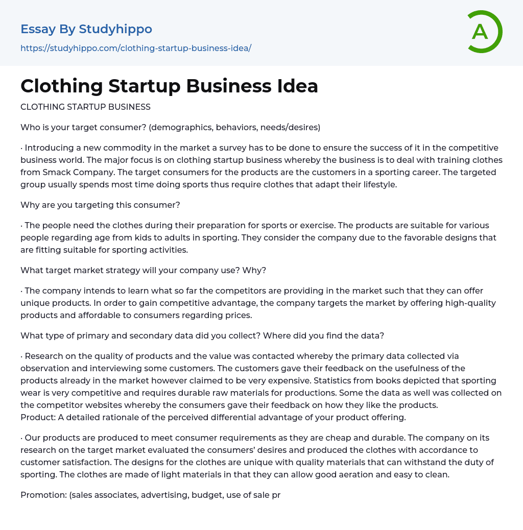 Clothing Startup Business Idea Essay Example