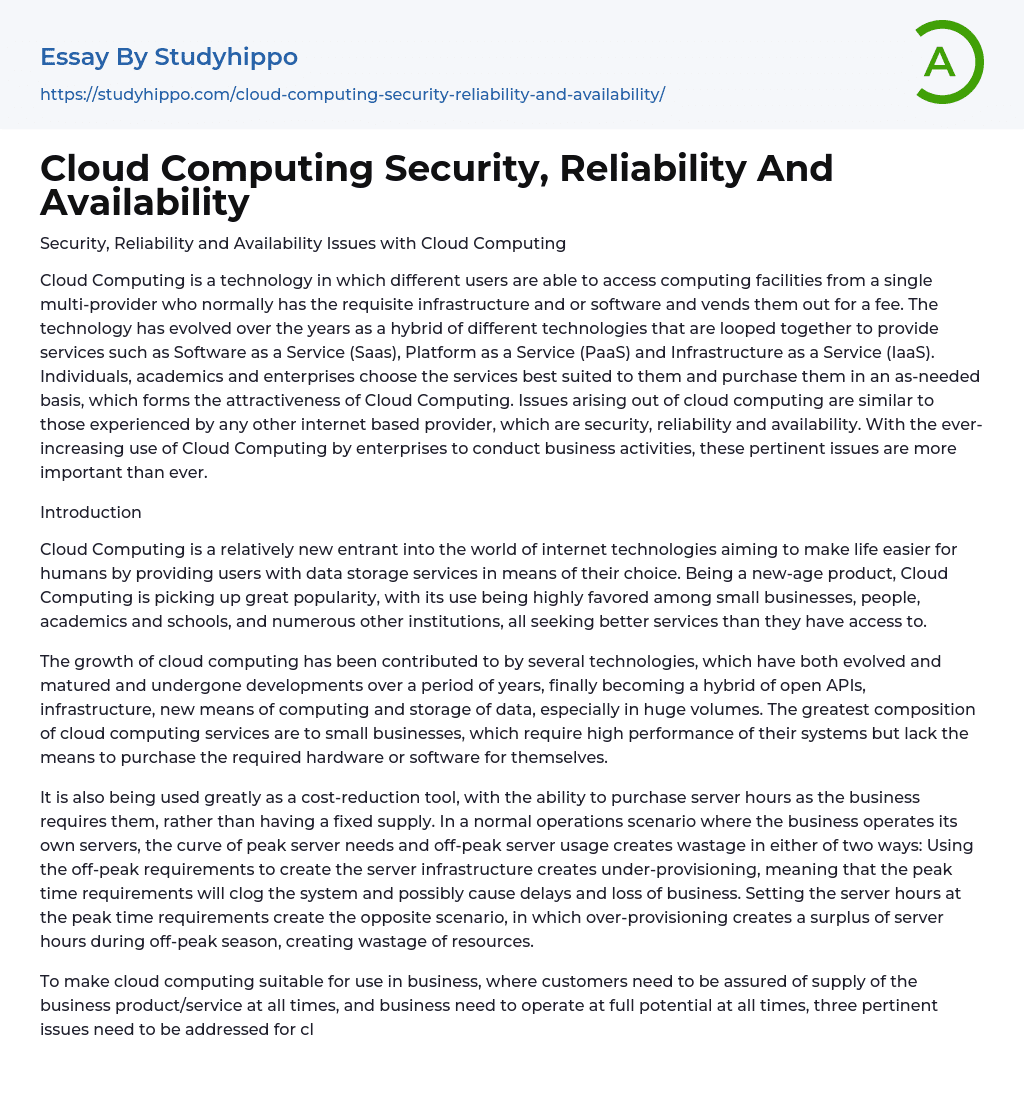 Cloud Computing Security, Reliability And Availability Essay Example