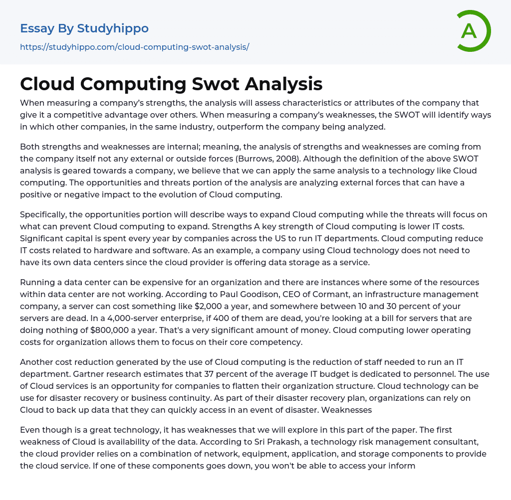 Cloud Computing Swot Analysis Essay Example