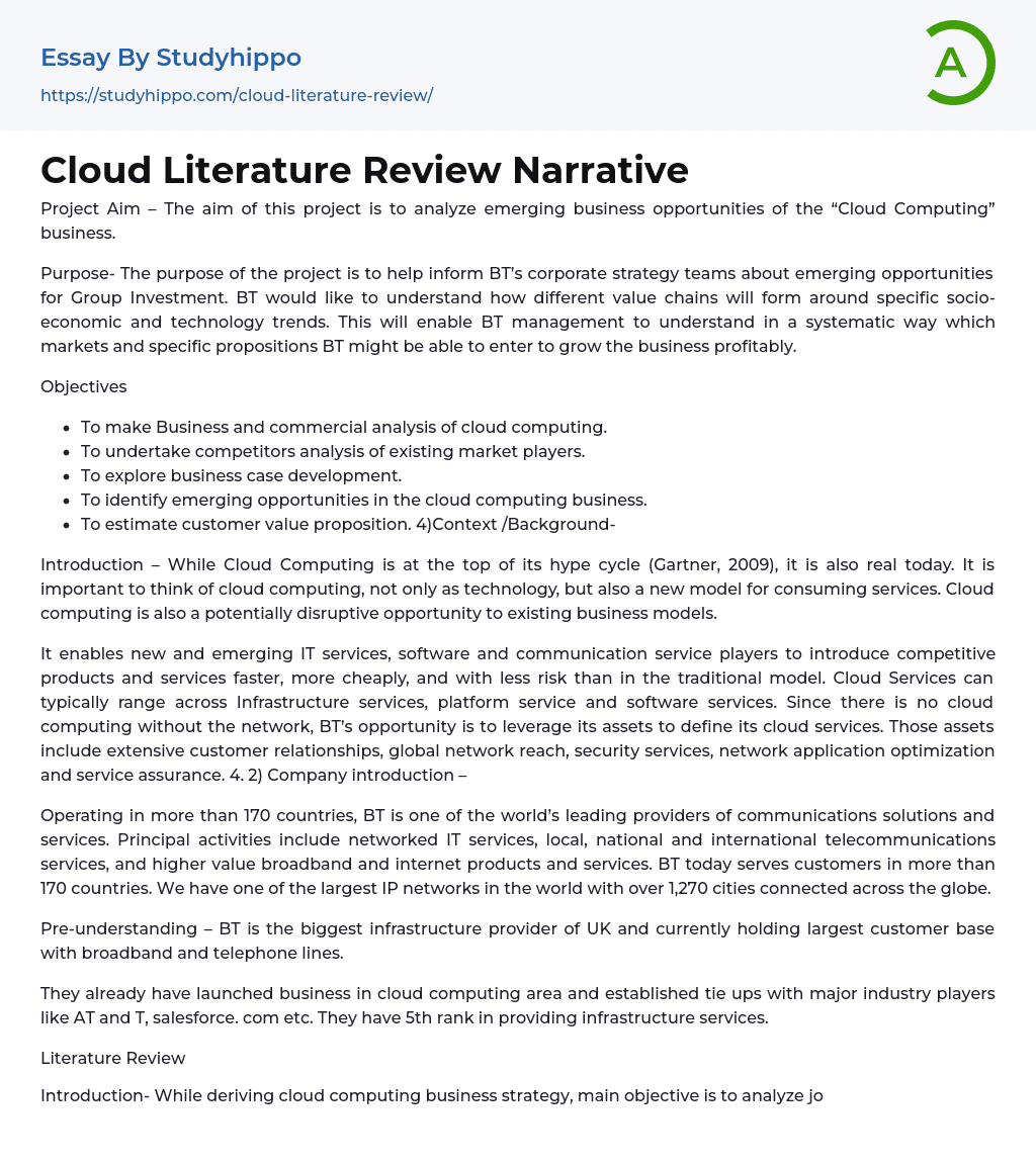 Cloud Literature Review Narrative Essay Example