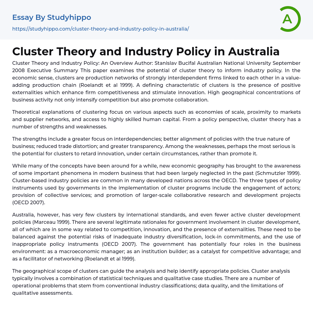 Cluster Theory and Industry Policy in Australia Essay Example