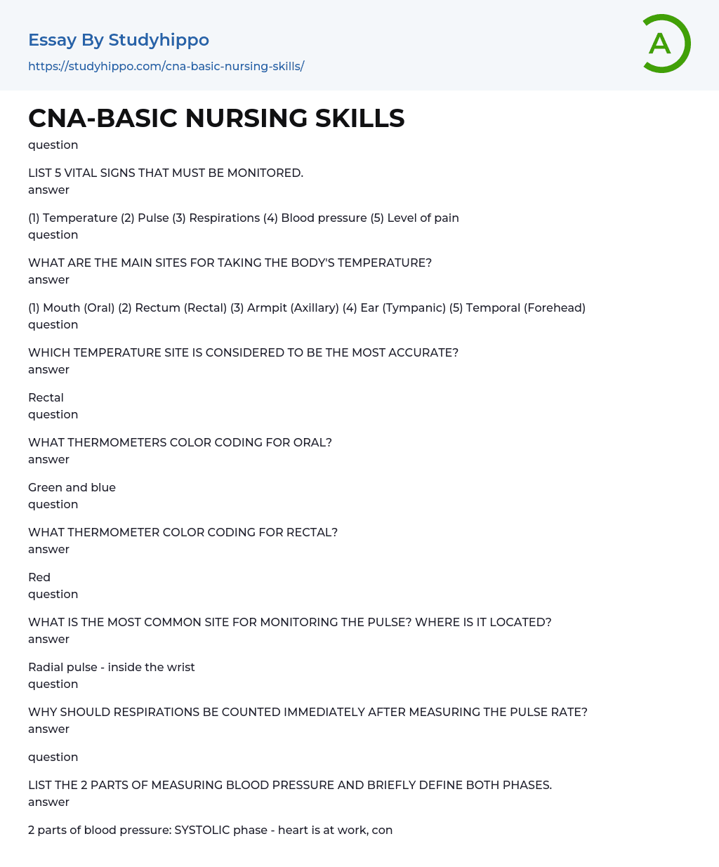Cna-Basic Nursing Skills Essay Example