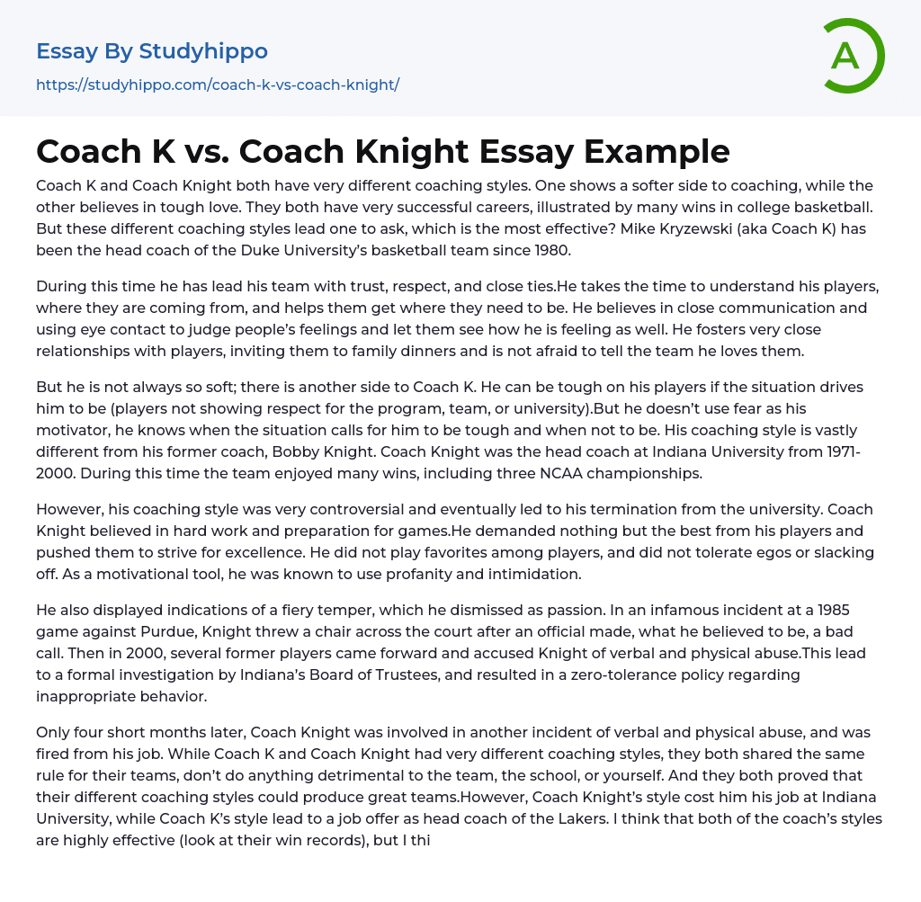 Coach K vs. Coach Knight Essay Example