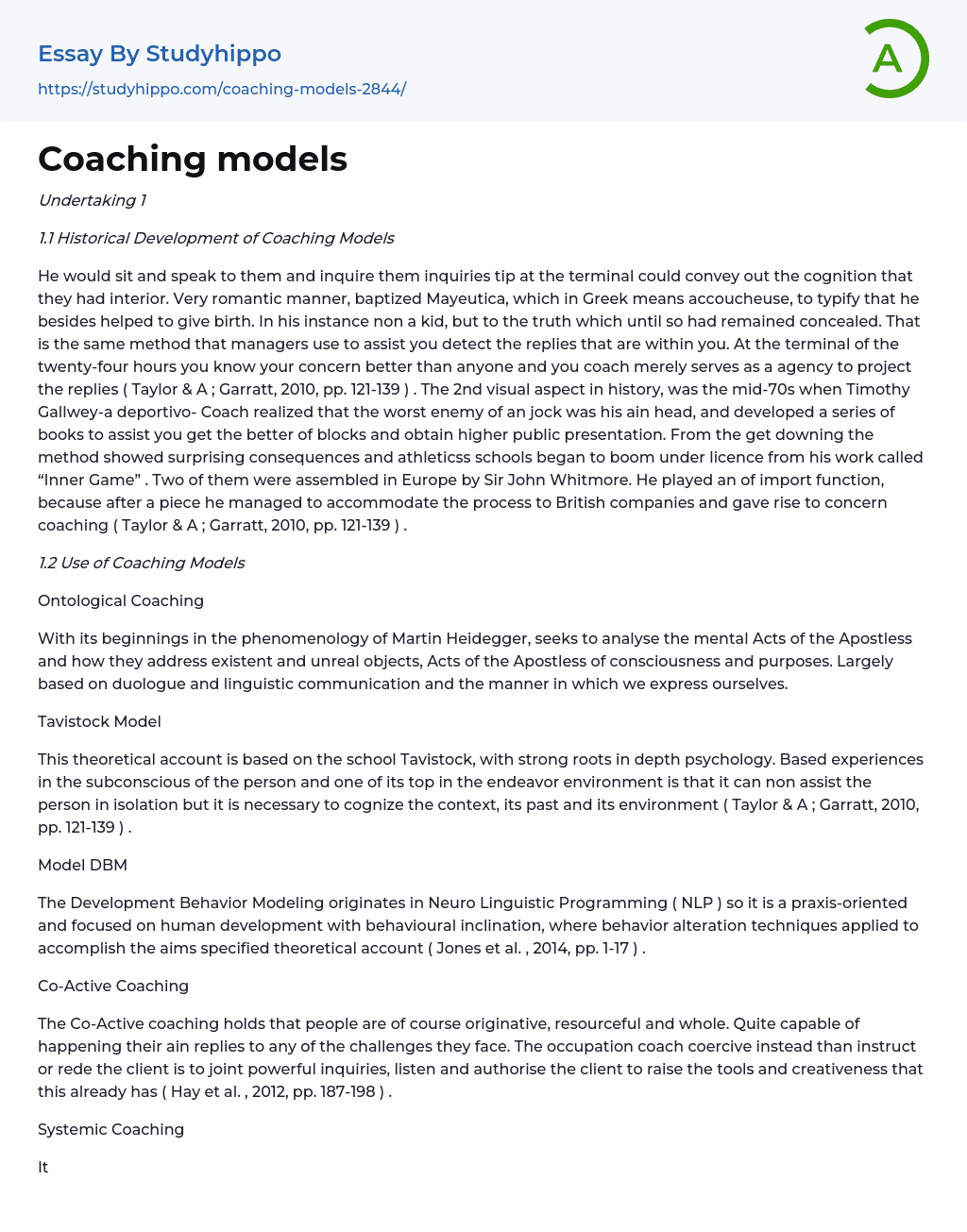 Coaching models Essay Example