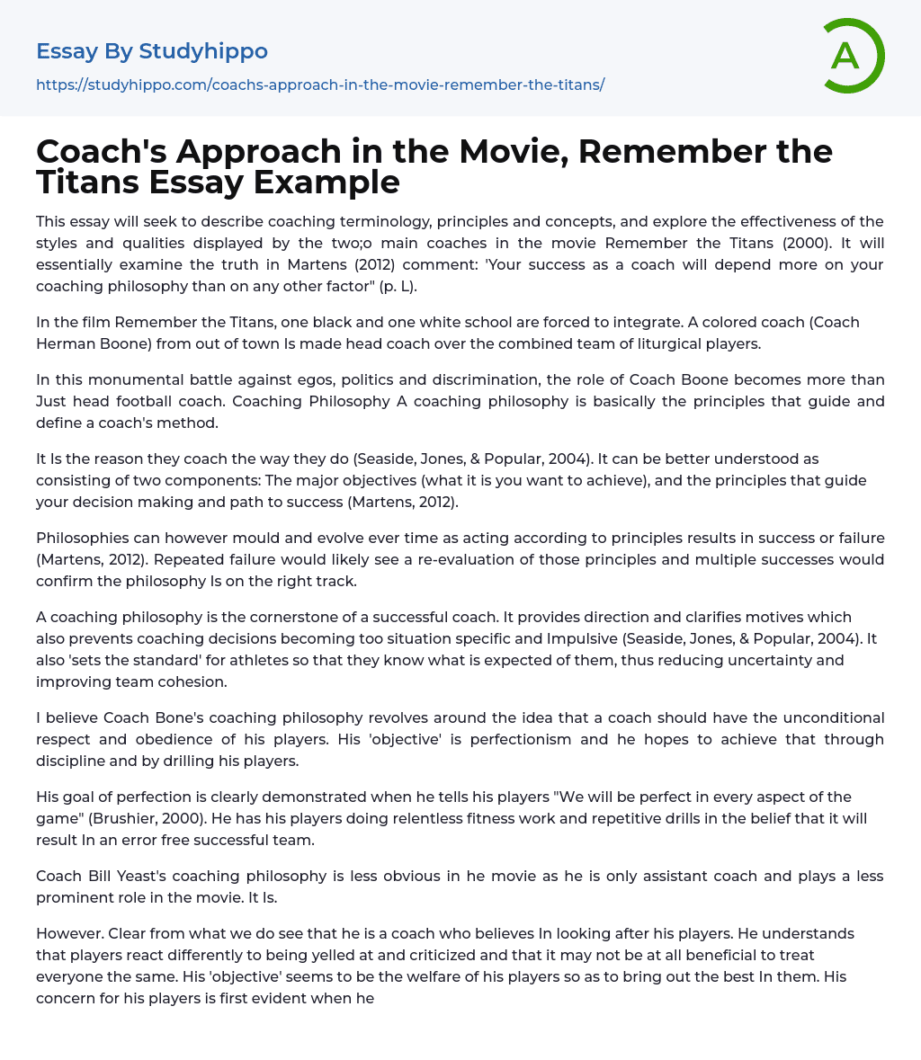 Coach’s Approach in the Movie, Remember the Titans Essay Example