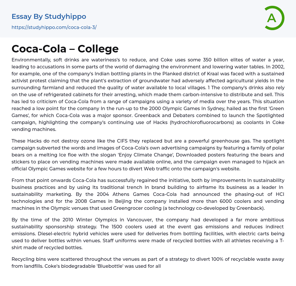 Coca-Cola – College Essay Example