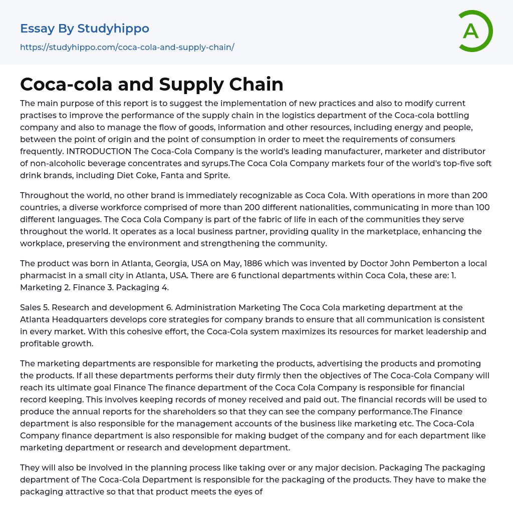 Coca-cola and Supply Chain Essay Example