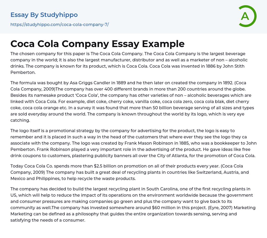 Coca Cola Company Essay Example