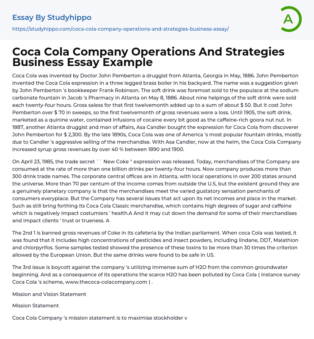 Coca Cola Company Operations And Strategies Business Essay Example