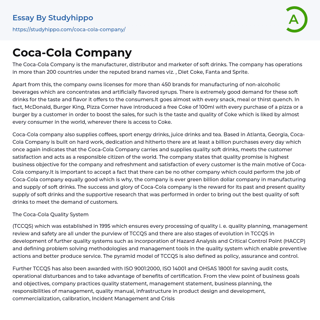 Coca-Cola Company Essay Example