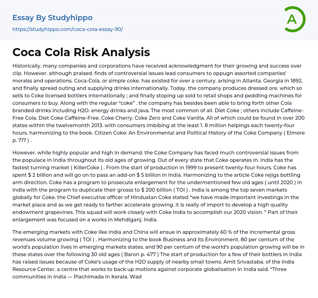 Coca Cola Risk Analysis Essay Example