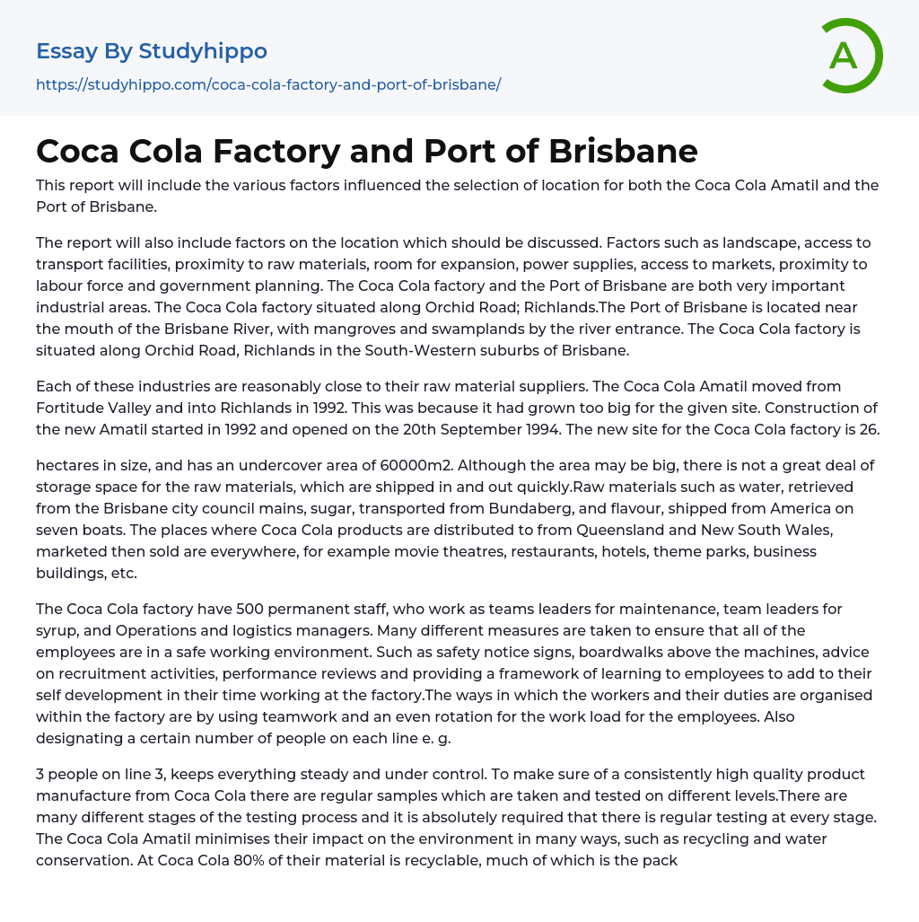 Coca Cola Factory and Port of Brisbane Essay Example