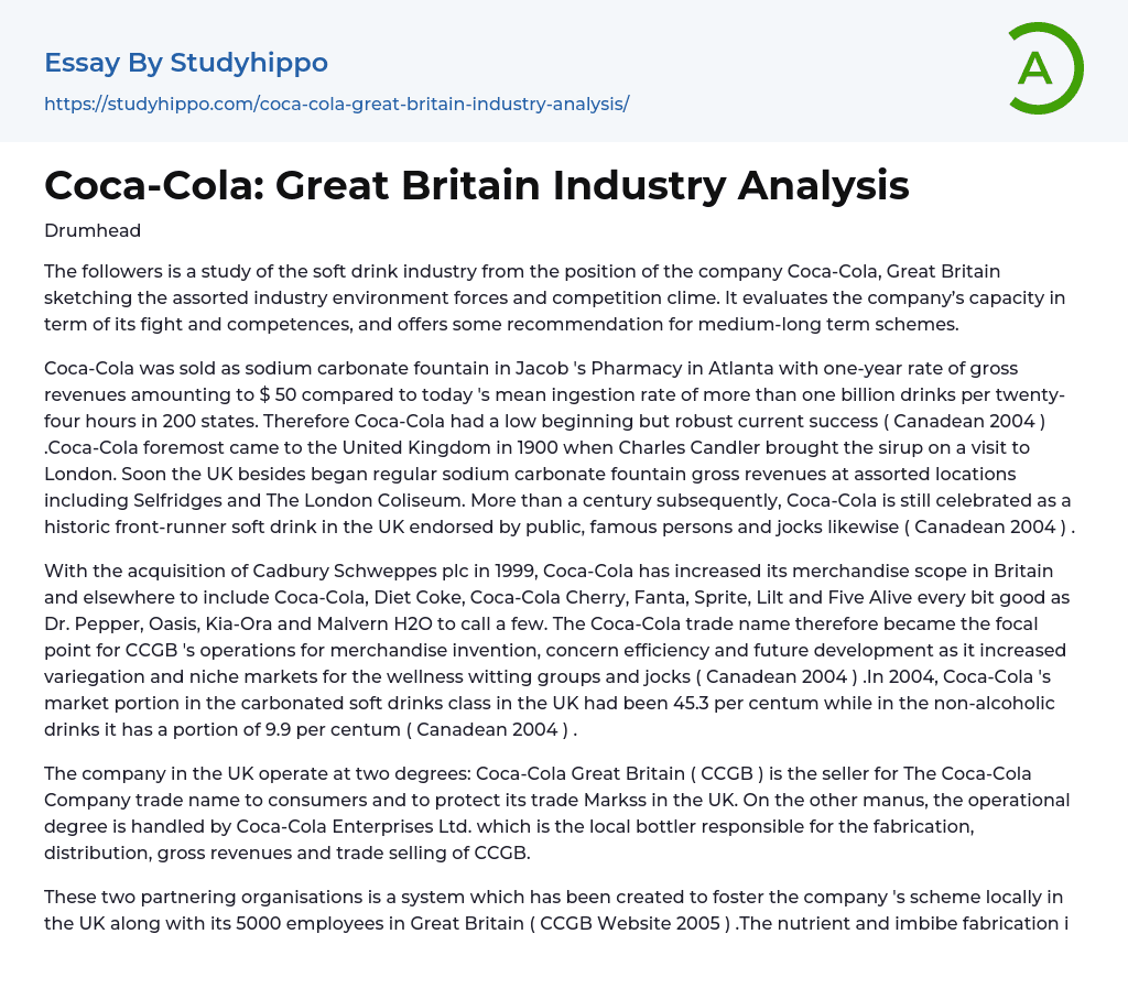 Coca-Cola: Great Britain Industry Analysis Essay Example