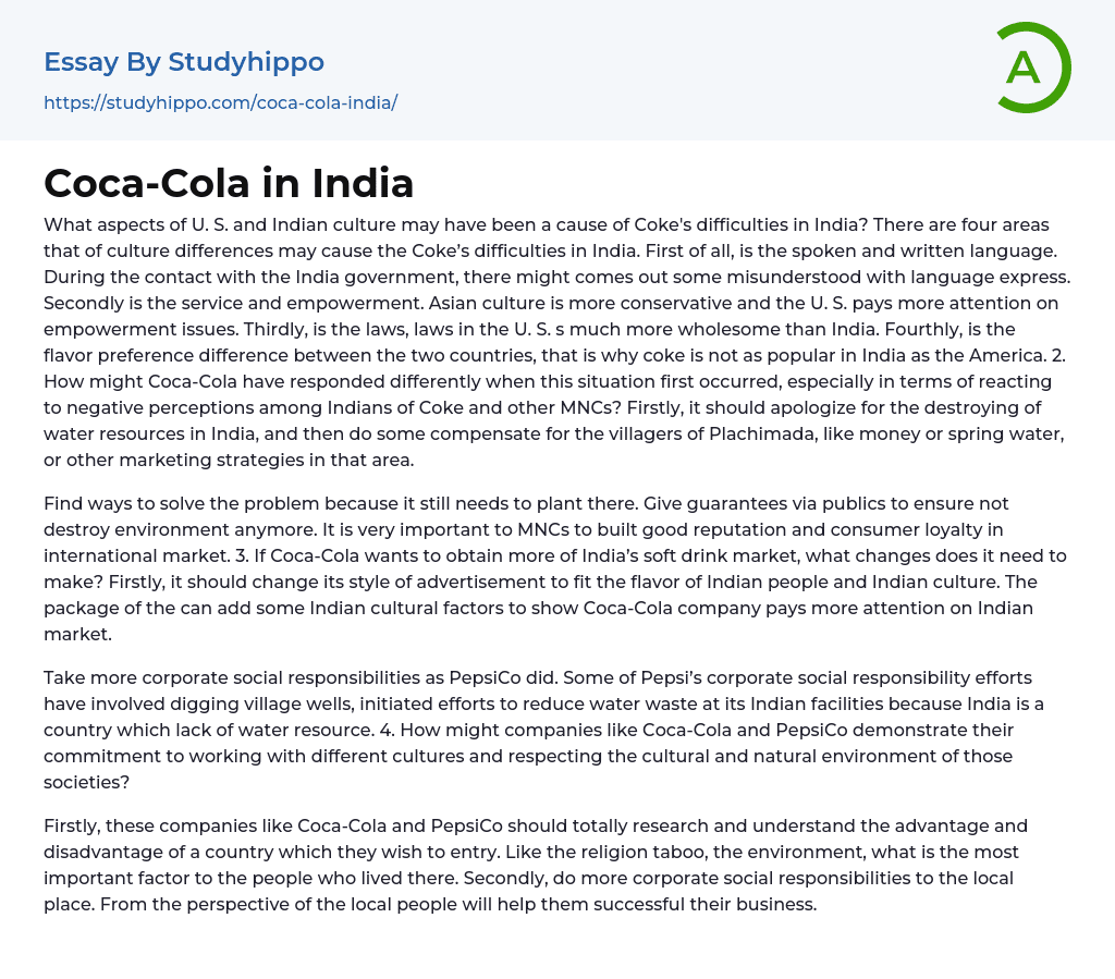Coca-Cola in India Essay Example