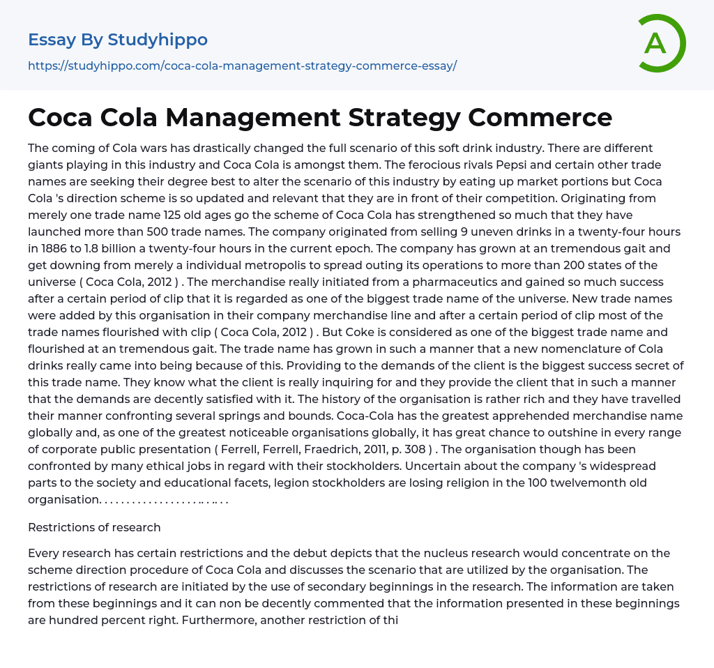 Coca Cola Management Strategy Commerce Essay Example