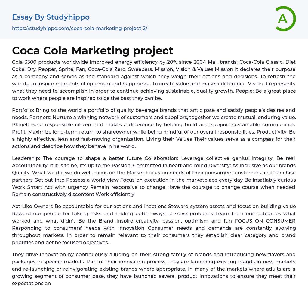 Coca Cola Marketing project Essay Example