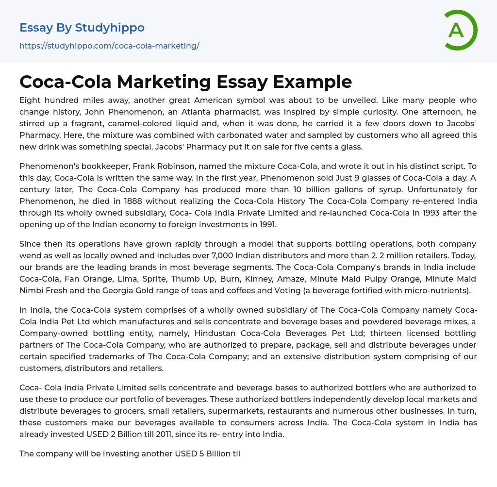 Coca-Cola Marketing Essay Example