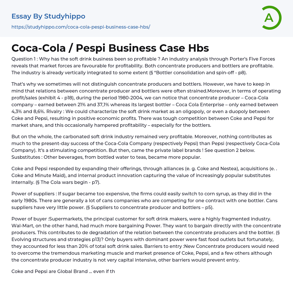 Coca-Cola / Pespi Business Case Hbs Essay Example