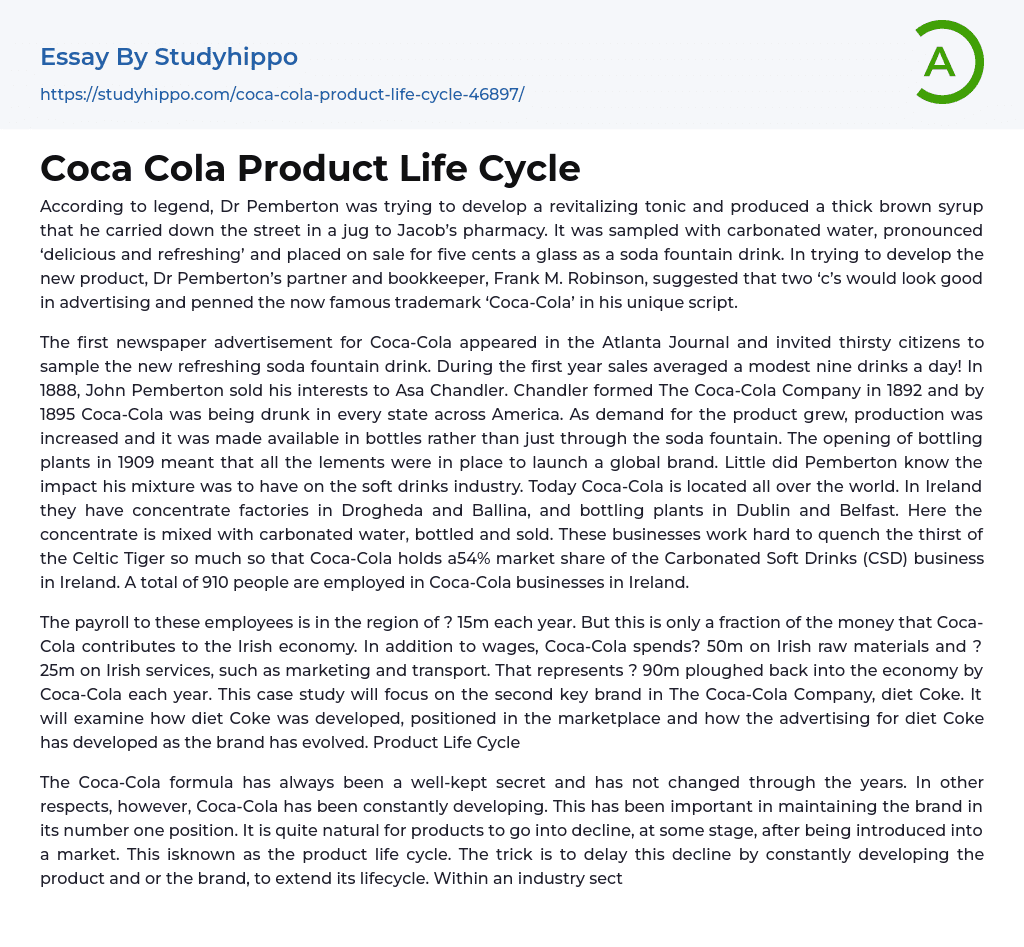 Coca Cola Product Life Cycle Essay Example