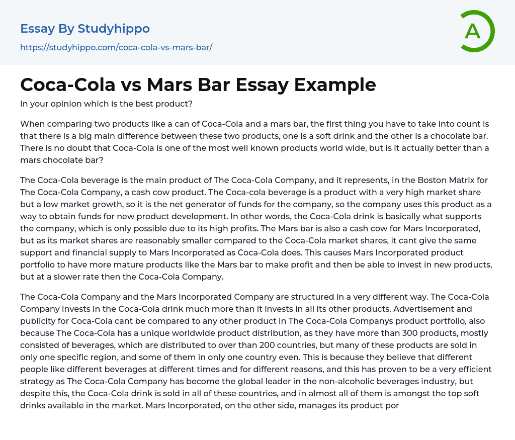 Coca-Cola vs Mars Bar Essay Example