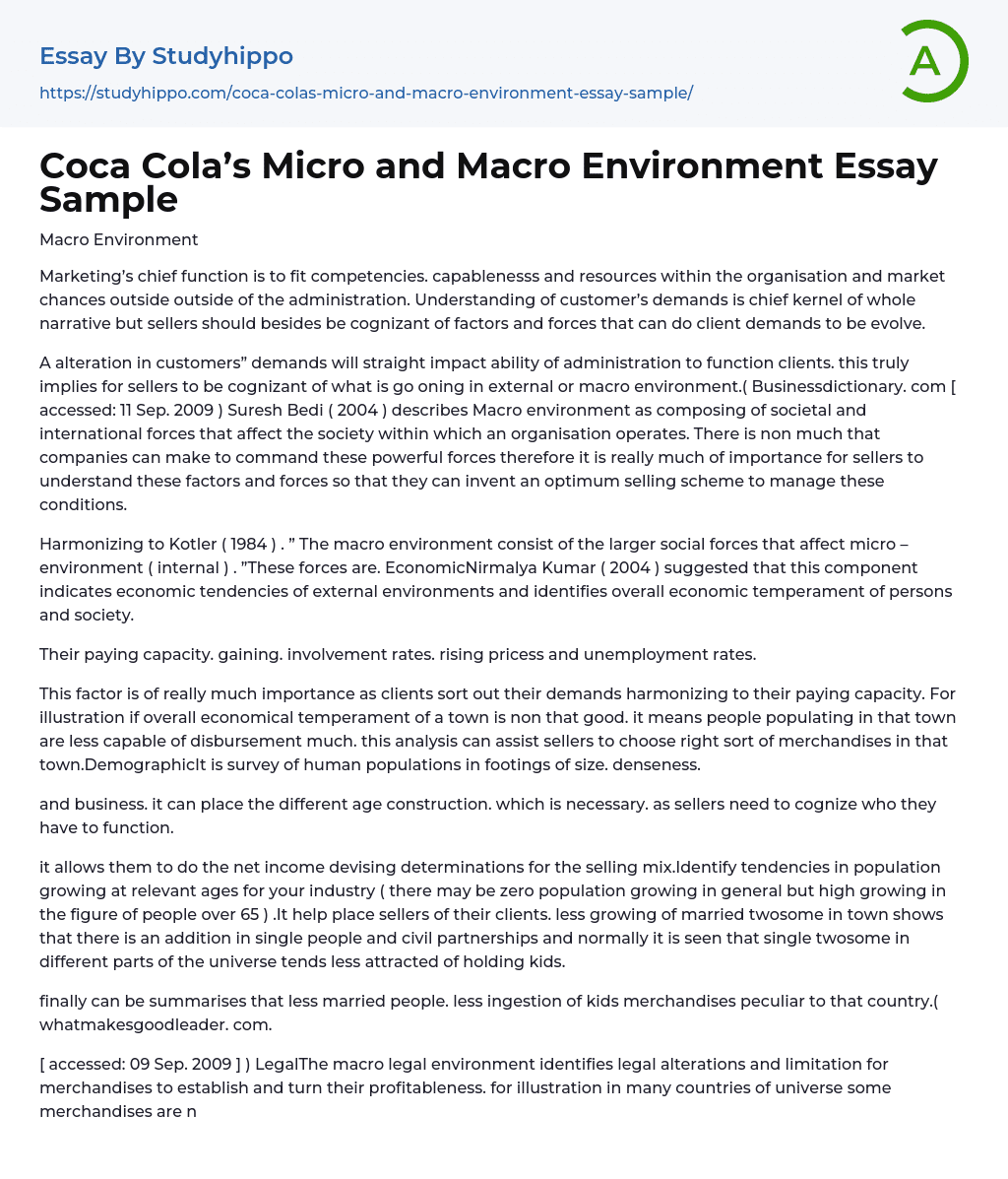 Coca Cola’s Micro and Macro Environment Essay Sample