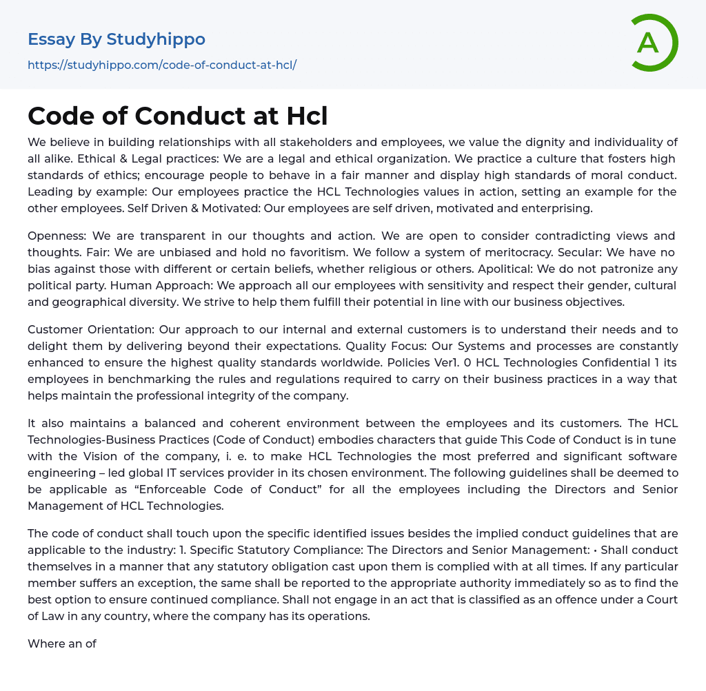 Code of Conduct at Hcl Essay Example