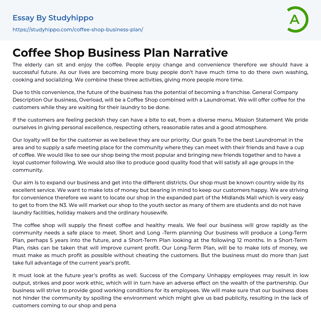 Coffee Shop Business Plan Narrative Essay Example