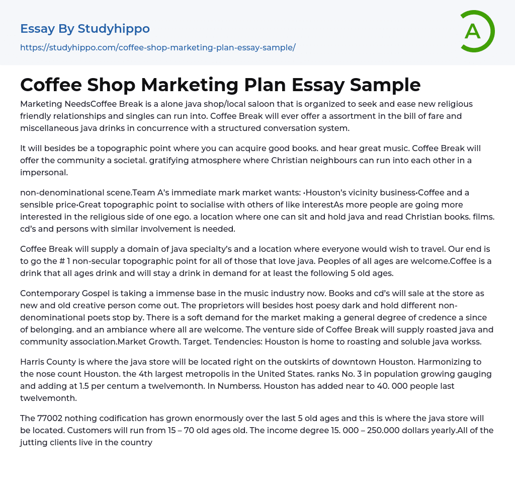 Coffee Shop Marketing Plan Essay Example