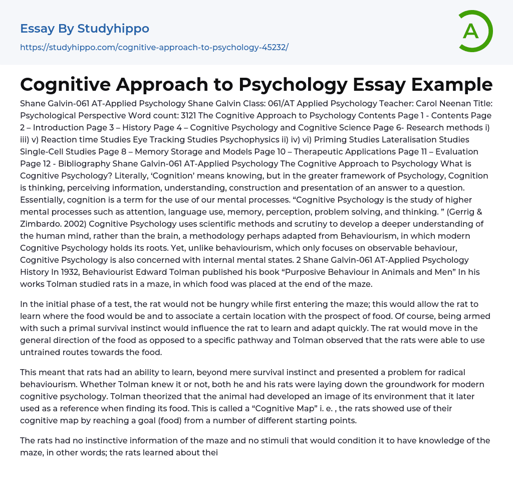 Cognitive Approach to Psychology Essay Example