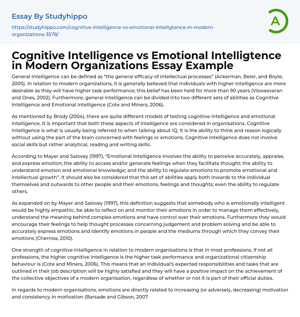 Cognitive Intelligence vs Emotional Intelligtence in Modern Organizations Essay Example